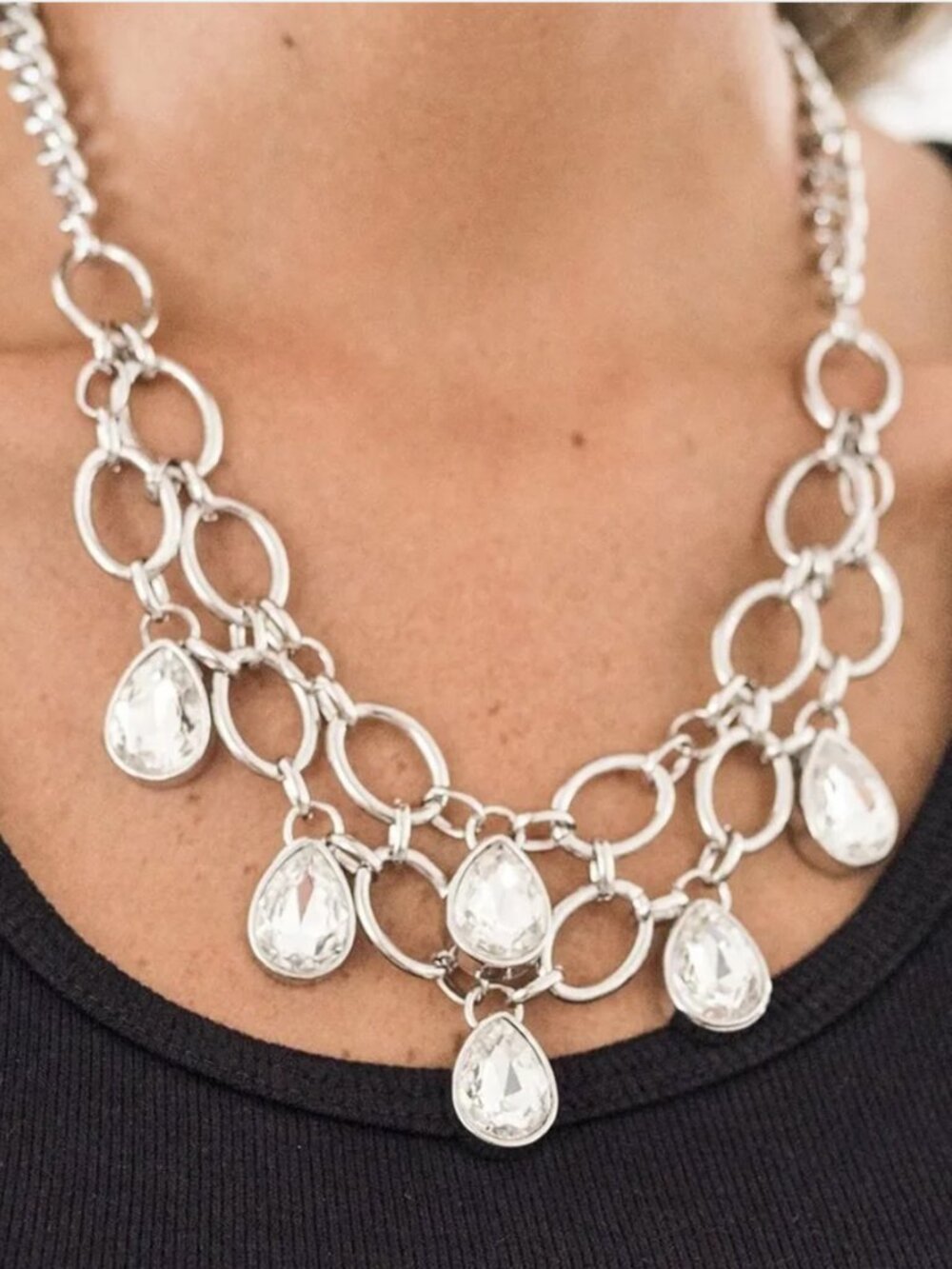 Show Stopping Shimmer White Teardrop Necklace Silver